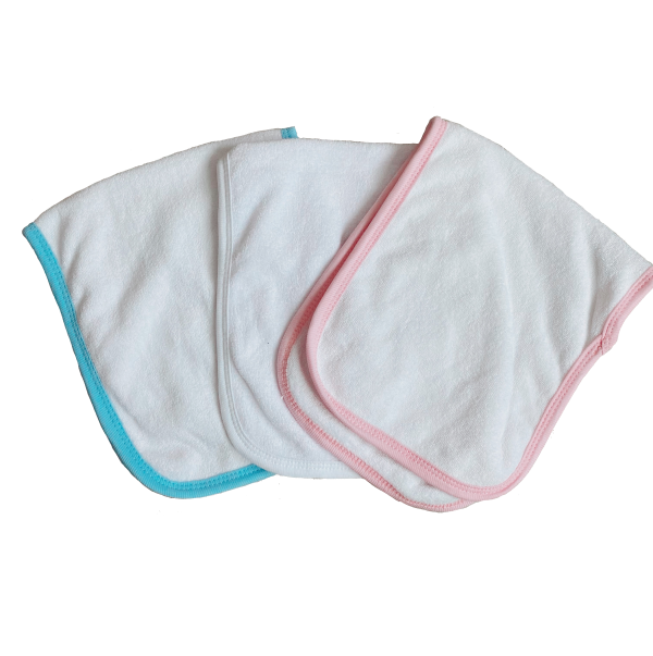 Three 2-ply terry colored trim baby burp cloths