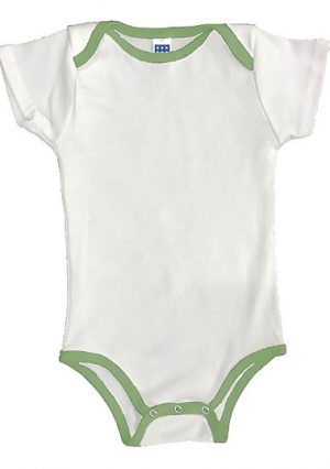 Organic cotton baby onesies with green bindings
