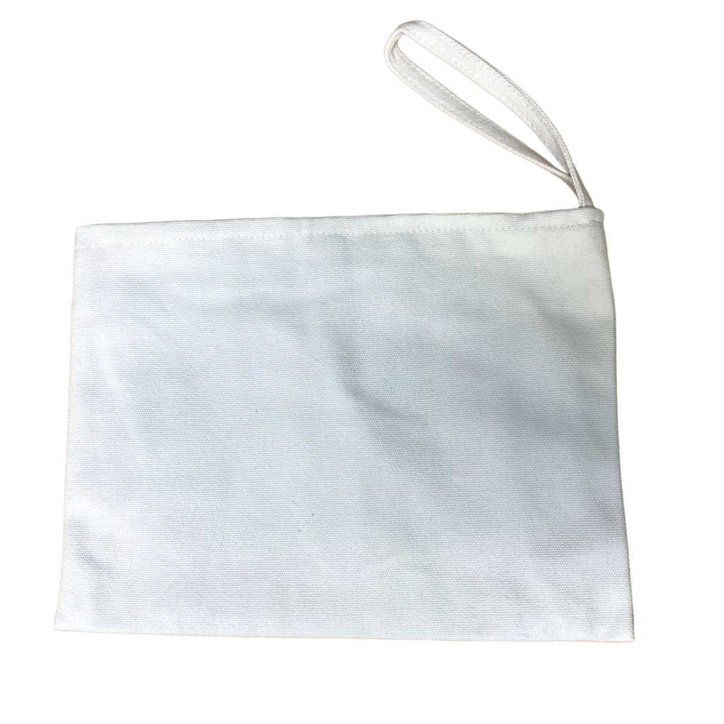 Large White Cotton Lined Zip Pouch Bag w/ Wristlet | 10-3/4