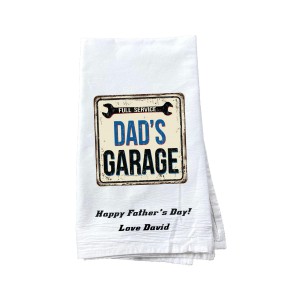 "Dad's Garage" Father's Day personalized tea towel