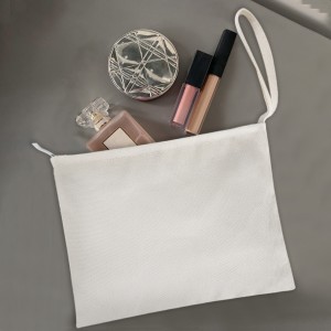 Large White Cotton Lined Zip Pouch Bag w/ Wristlet - 10-3/4" x 8"