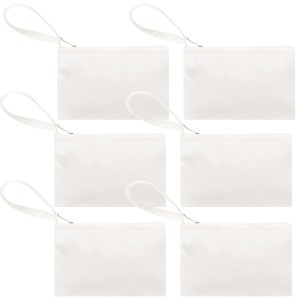 Small White Cotton Lined Zip Pouch Bag w/ Wristlet - 7" x 4 3/4"