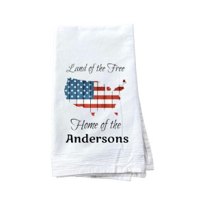 “Land of the Free” patriotic personalized name tea towel