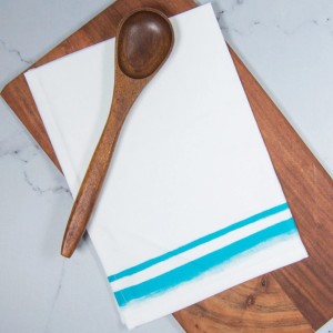 Turquoise Watercolor Border Hem on White Tea Towel - 20" x 28"
